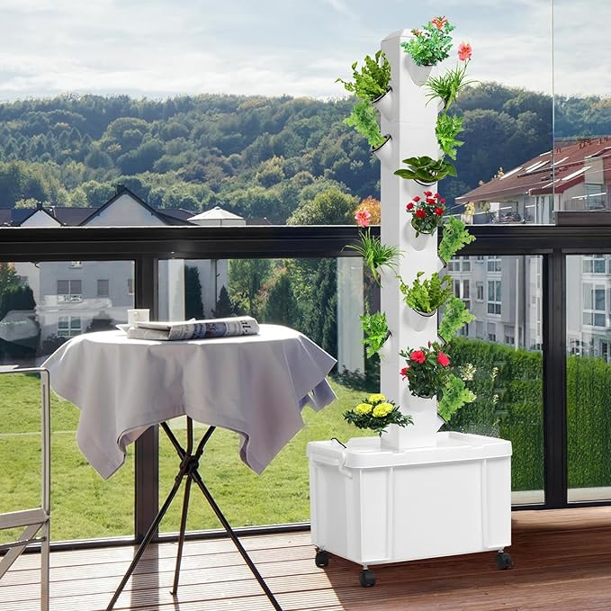 Movable Hydroponic Tower with Water Pump &amp Wheels 20-Plants Vertical Planter Tower Movable Hydroponic Growing System Kit 5 Layers Herb Garden Planter Indoor Kit for Gardening Lover White 1