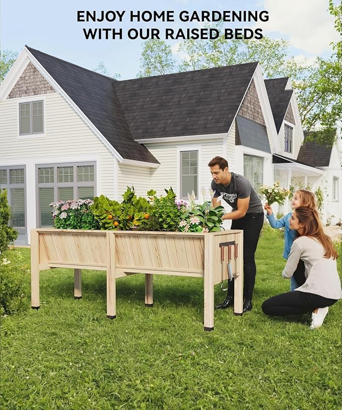 Raised Garden Bed Sturdy Elevated Wooden Planter Box Stand for Outdoor Gardening Heavy-Duty Patio Planter with Tool Hooks and Large Capacity for Vegetables Herbs or Flowers Natural Wood