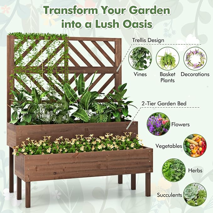MAT EXPERT Raised Garden Bed with Trellis 2-Tier Wood Planter Box with Drainage Outlet &amp Legs Lattice Panels Vertical Planter for Patio Elevated Garden Planter for Fruit Flower Herb &amp Ve