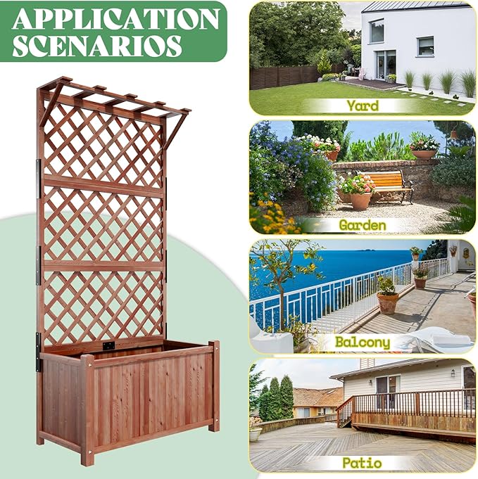 AMERLIFE Raised Garden Bed with Trellis for Vegetables Climbing Plants Durable Natural Wood Planter Box with Drainage Holes Privacy Planter for Outdoor Yard &amp Patio Easy Assembly