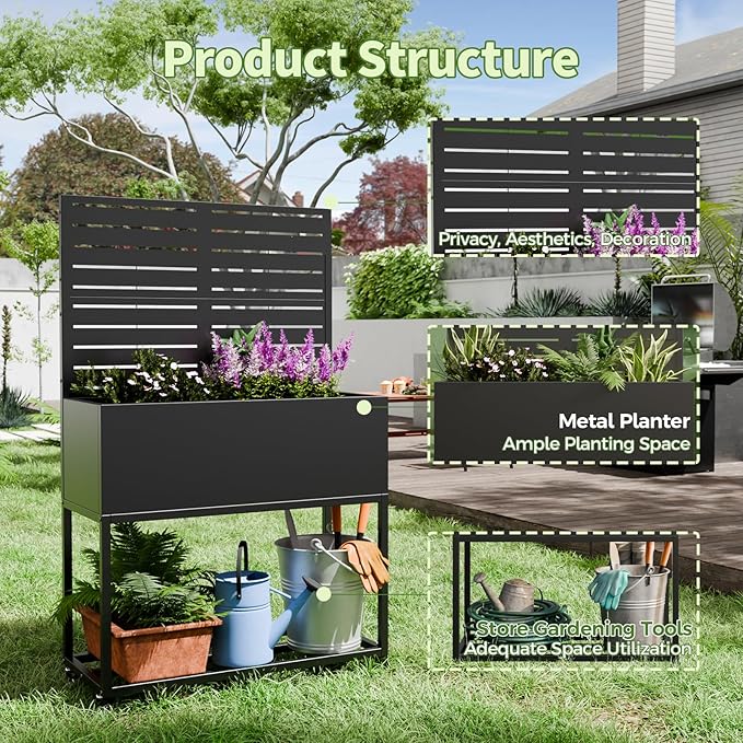 Metal Planter Box with Trellis55 H x35 W Raised Garden Beds with Privacy Screen for Climbing Plants Flower Elevated Standing Planter Garden Bed with Drainage Holes for Outdoor PatioBlack