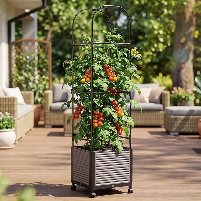 Raised Garden Bed Planter Box with Trellis 61''H Tomato Planters for Climbing Plants Vegetable Vine Flowers Outdoor Patio Tomato Cage Self Watering Planter with Wheels