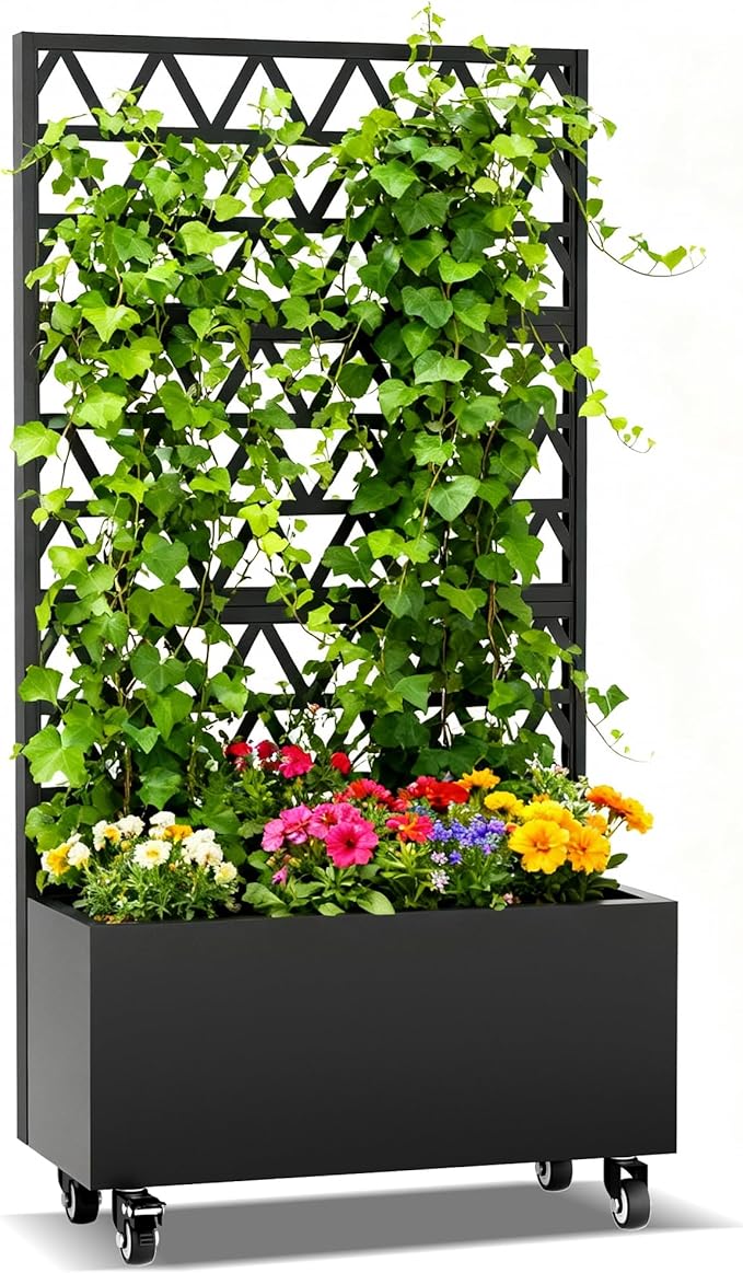 Metal Planter Box with Integrated Trellis 72.05x35.83x16.14 Inches Raised Garden Bed with Privacy Screen for Climbing Plants and Vegetables Assembly Required