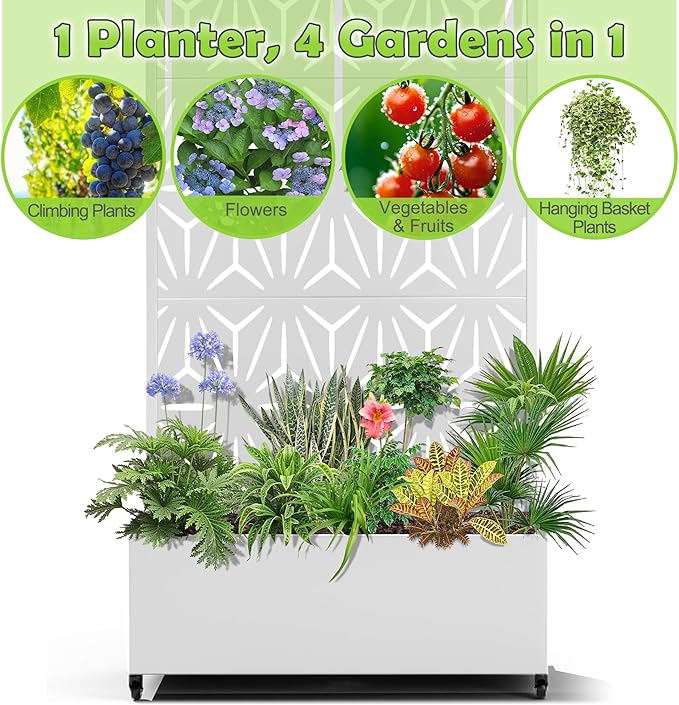 15.7×70.9×35.4 Metal Raised Garden Bed with Trellis and Wheels - Tall Trellis Planter Box for Climbing Plants Vegetables &amp Vines - Outdoor Privacy Planters for Patio (White-Star)