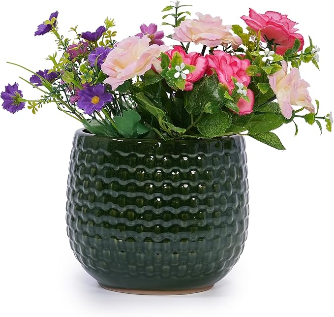 Handmade Glazed Ceramic Planter Set of 3 975 Inch Diameter Dark Green Solid Glossy for Succulents Herbs Outdoor Patio Indoor Staircase Use Breathable Clay with Drainage Holes