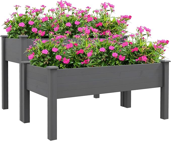 Outsunny 2 Tier Raised Garden Bed Elevated Wooden 2 Box Planter Gardening Grow Stand Planting Bed for Flowers Vegetables Herb Gray