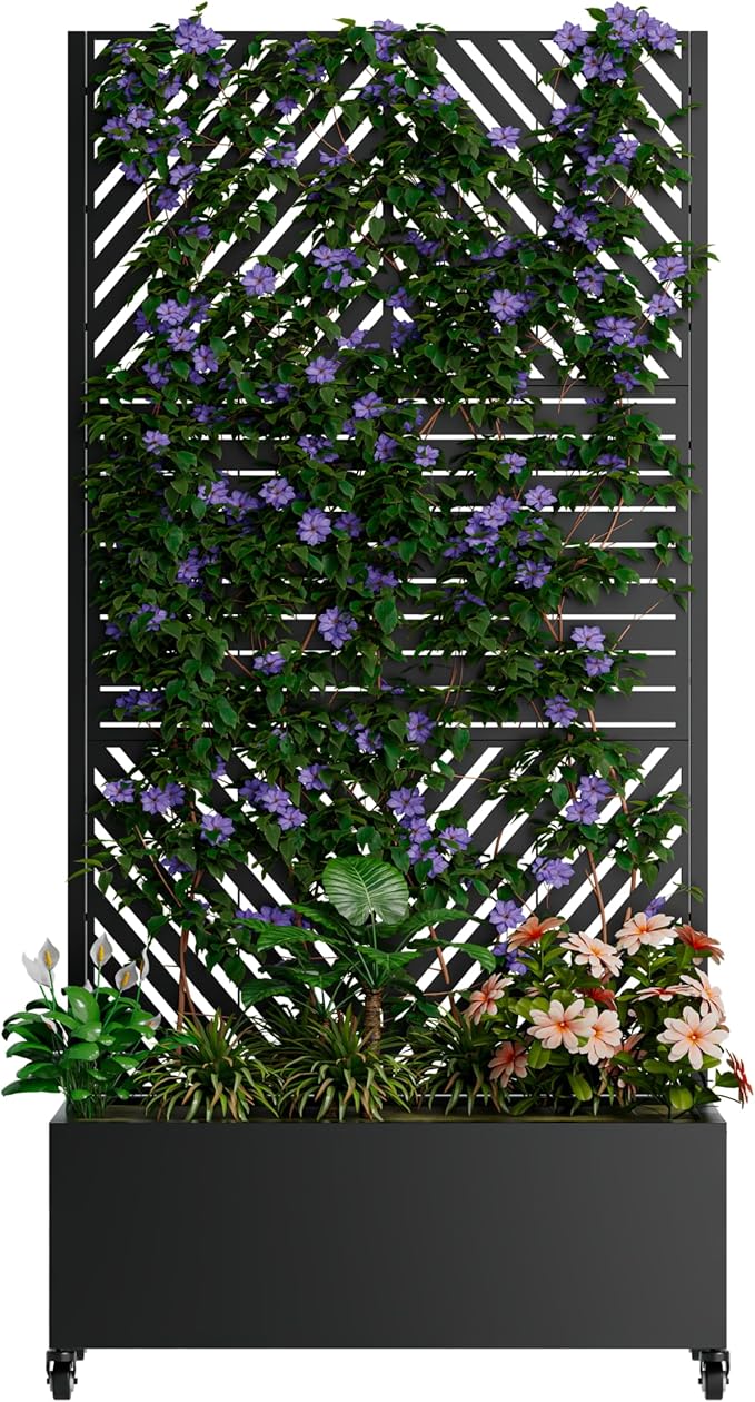 73 x 35 x 16 Metal Planter Box with Trellis Black Galvanized Steel Raised Garden Bed
