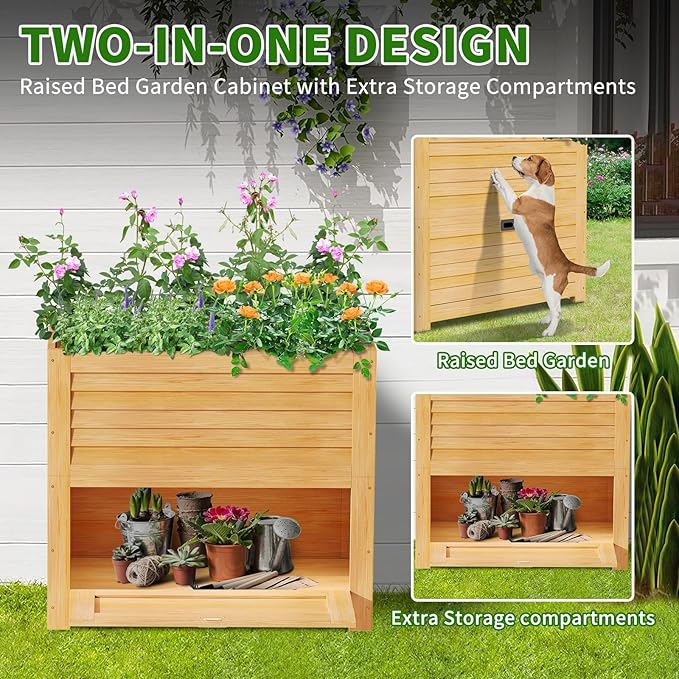 DoCred Wooden Raised Bed Garden with Storage Box 34 x 18 x 30 Elevated Large Planter Box for Herbs Vegetables Flowers Backyard Patio Gardening Balcony