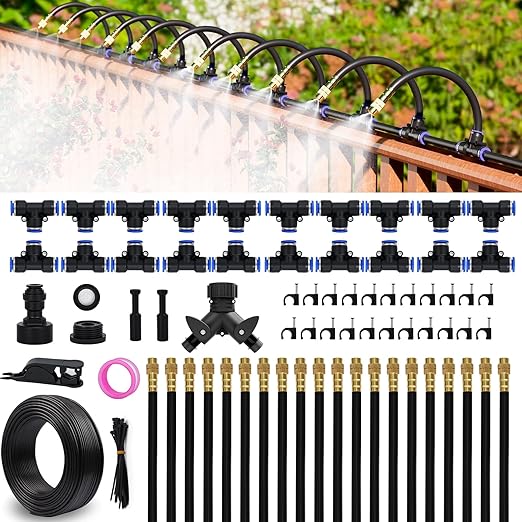Drip Irrigation System 100 FT with 32 Nozzles 360° Adjustable Bendable Garden Watering Misting System for Greenhouse Yard Lawn Plant Garden 1/4 inch Hose