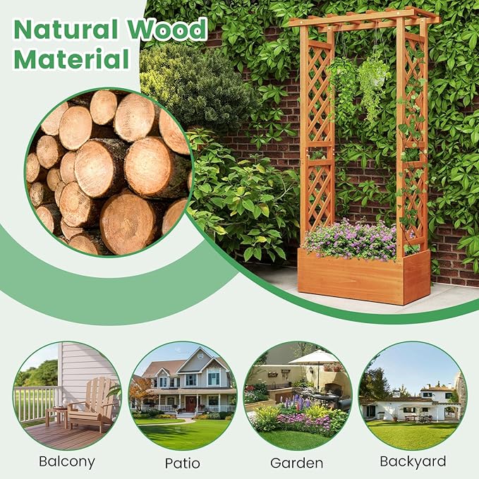 LDAILY Raised Garden Bed with Trellis Above Ground Garden Bed with Hanging Roof Side Trellis &amp Drainage Holes Planter Box for Outdoor Climbing Plants Vines Flowers (1 31 L x 14 W x 60 H)
