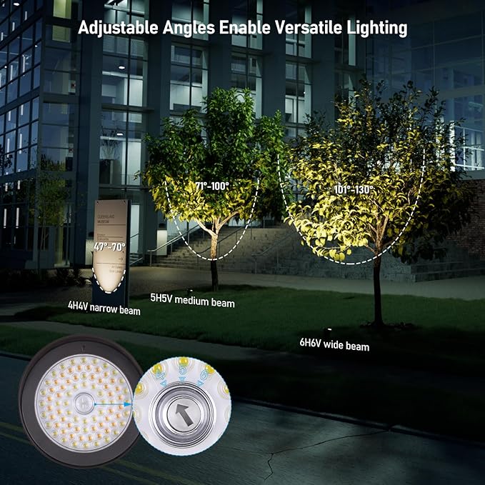 LEONLITE 3CCT LED Bullet Flood Light 4H4V/5H5V/6H6V 47°-130° Selectable NEMA Beam Dusk to Dawn Flag Pole Light with Knuckle Mount 120-277V 25W/20W/15W Commercial Landscape Spotlight ETL Listed