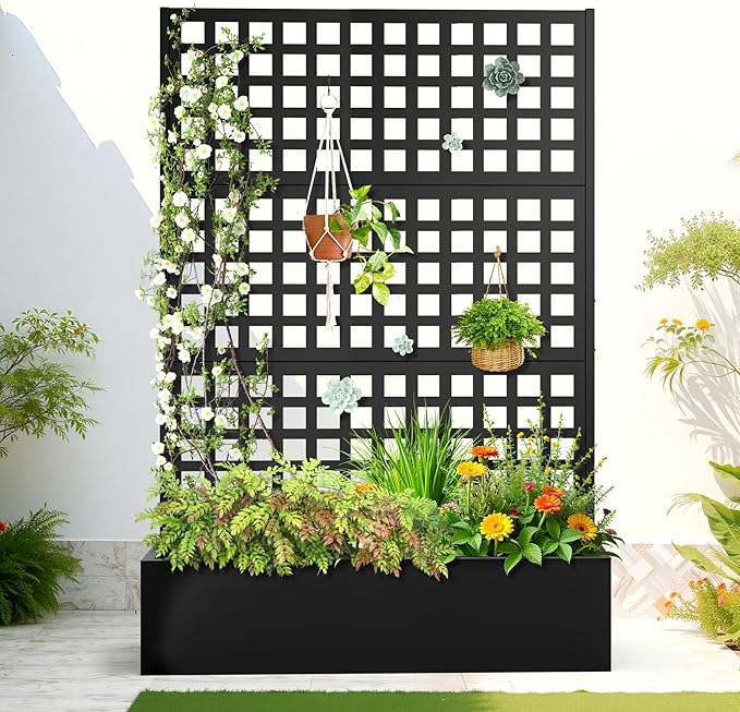 FENCY Metal Raised Garden Bed with Trellis Metal Planter Box with Trellis Garden Box for Climbing Plants Vegetable 47''Lx16''Wx71''H Garden Bed with Drainage Holes(Black)