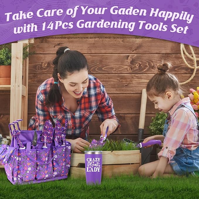 Lifecapido Gardening Gifts for Women Garden Tool Set 14 PCS Gardening Tools Set Kit with Tool Bag Plant Lover Birthday Christmas Mothers Day Garden Tools Gifts for Gardeners Women Mom (Purple)