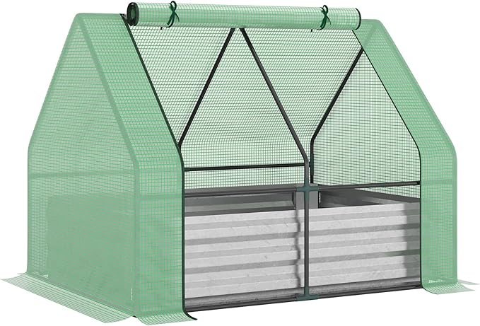 Galvanized Raised Garden Bed with Mini Greenhouse Cover Outdoor Metal Planter Box with 2 Roll Up Windows for Growing Flowers Fruits Vegetables and Herbs 50 x 37.5 x 36.25 Green