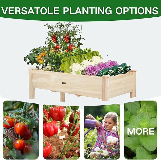 Elevated Raised Garden Bed 48.7”L x 23.1”W x 30.7”H Wooden Planter Box with Legs 210LBS Capacity Non-Woven Liner &amp 6 Drainage Holes for Backyard Patio Balcony Vegetables Flowers Herbs