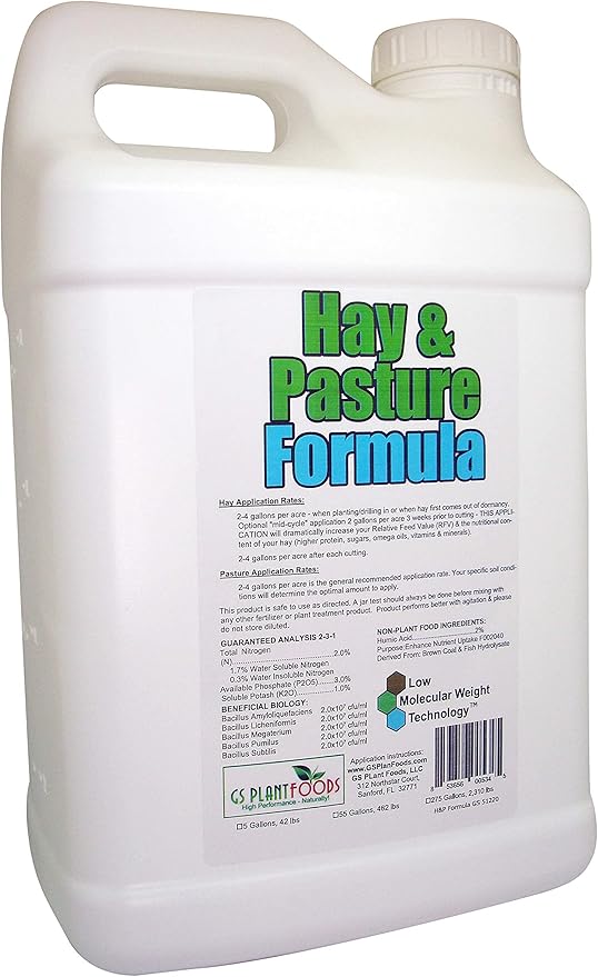 Hay &amp Pasture Formula by GS Plant Foods- Organic Pasture Fertilizer with Humic Acid &amp Fulvic Acid (5 Gallon) - Pasture Grass Formula for Higher Yields and Healthier Animals