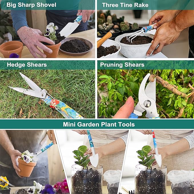 Garden Tool Set Stainless Steel Heavy Duty Gardening Tools 30 PCS w/Floral Print Trowel Rake Weeder Pruner Shears Sprayer Digging Claw Gloves Ideal Gardening Set for Women