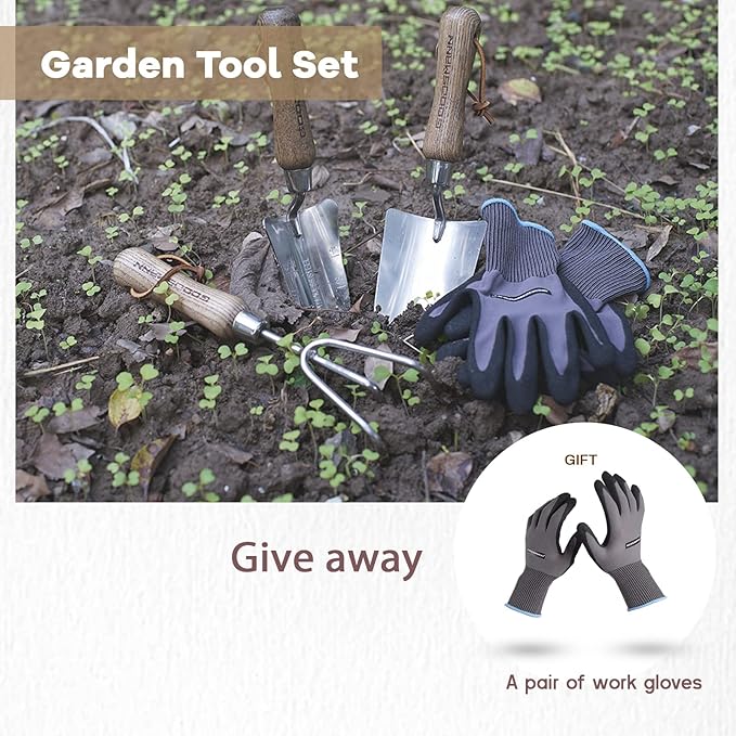 Gardening Stainless Steel Tool Set 3 Piece Includes Stainless Steel Trowel Hand Transplanter and Handheld Triple Claw Rake for Transplanting Digging Weeding Cultivating by GOODSMANN