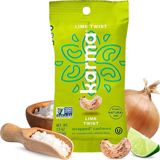 Lime Twist Cashews with Skin by Karma Nuts Whole Roasted Vegan Gluten Free Low Net Carb Natural No Sugar Added Keto Friendly Everyday Nut Snack 1.5 Ounce (12 Snack Packs)