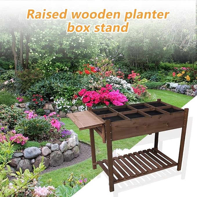 8 Pockets Horticulture Raised Garden Bed Elevated Wood Planter Box Stand with Foldable Side Table and Storage Shelf for Herb/Vegetables/Flowers Dark Brown Color