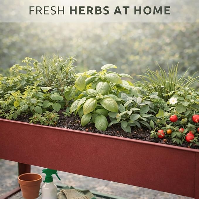 InSideOut Elevated 40 Raised Garden Bed Outdoor with Wheels &amp Shelf for Mobility Metal Planter Box for Vegetables/Herbs Patio-Balcony-Backyard (Red)