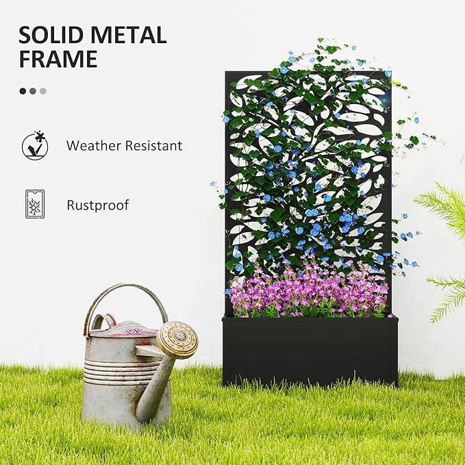 Outsunny Metal Raised Garden Bed with Trellis for Climbing Plants Freestanding or Wall Mounted Flower Bed with Privacy Panel Leaves Cut-Outs Outdoor Planter Box for Garden Patio Balcony