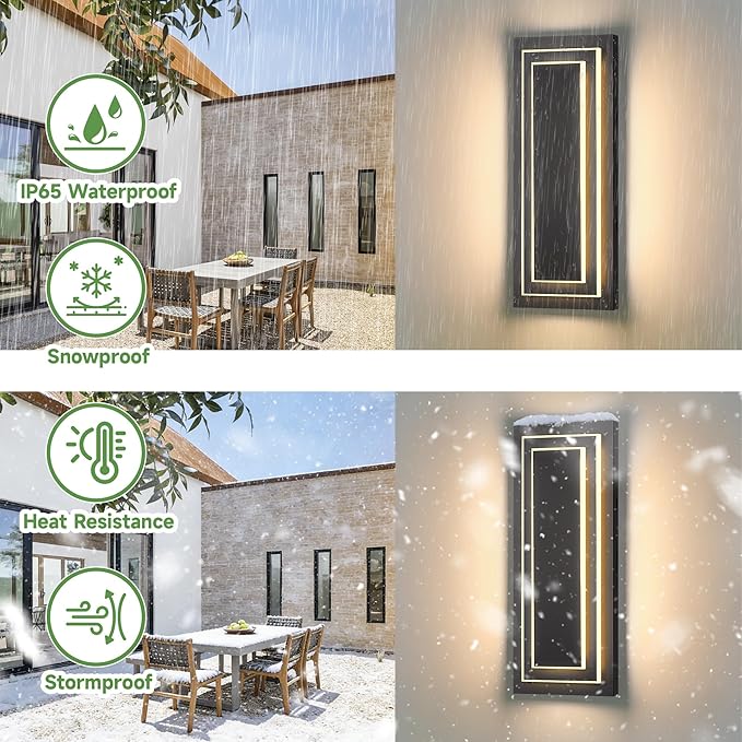 2-Tier Outdoor Front Porch Light FixturesModern Black Outdoor Wall Sconce15.7 in Waterproof Led Exterior Lights Outside Wall Lights for HouseGarage Patio with 24W 3000K Warm White 1 Pack
