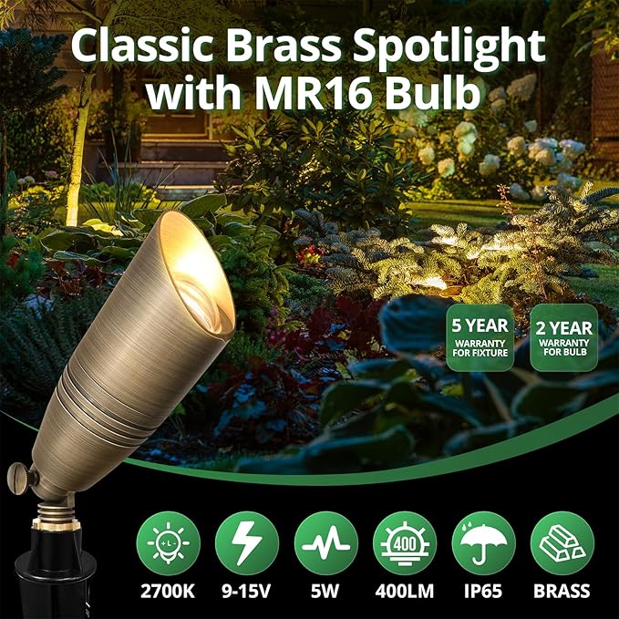 GKOLED Brass LED Outdoor Landscape Spotlights 12V Low Voltage Spot Light Waterproof Landscape Lights Uplighting for Garden Tree Yard Antique Bronze Accent Lighting Fixture with MR16 Bulb