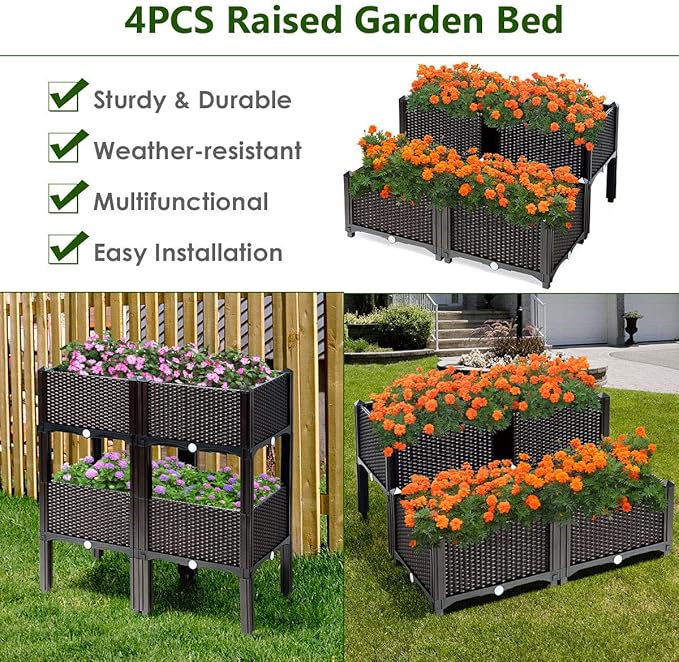 Giantex Raised Garden Bed Set of 4 Planter Raised Beds Kits with Drain Holes for Fruit Flowers Vegetables Outdoor Elevated Planting Box for Lawn Patio Balcony Easy Assembly Rattan-Like Look Brown