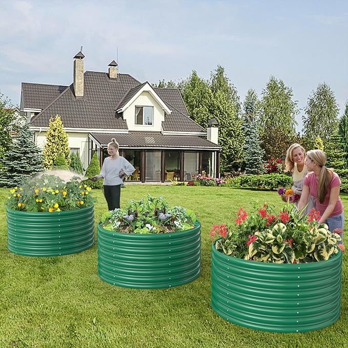 FRIZIONE 2-Pack 3FT(D) x2FT(H) Round Raised Garden Bed Outdoor Raised Garden Beds for Flower Raised Planter Box Outdoor for Herb Vegetable-Dark Green