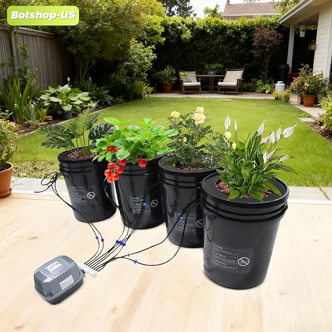 DWC Hydroponics Grow System with Top Drip Kit 5-Gallon 4 Buckets Deep Water Culture Recirculating Drip Garden System with Air Pump Hose Air Stone (4 Buckets + Top Drip Kit)