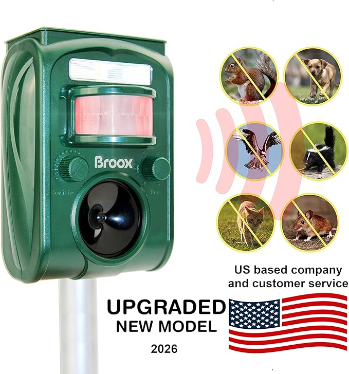 Broox 2026 Upgraded Solar Animal Repellent Cat Repellent Outdoor Squirrel Repellent Deer Repellent Ultrasonic pest Repeller Waterproof IP 65 Motion Detection Dog Raccoon Skunk Rabbit Rodent