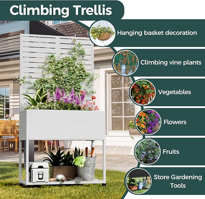 Metal Planter Box Multi-Functional &amp Easy to Assemble 67 H x 35 W Raised Garden Bed for Climbing Plants Elevated Standing Garden Planter with Drainage Holes for Outdoor Patio White