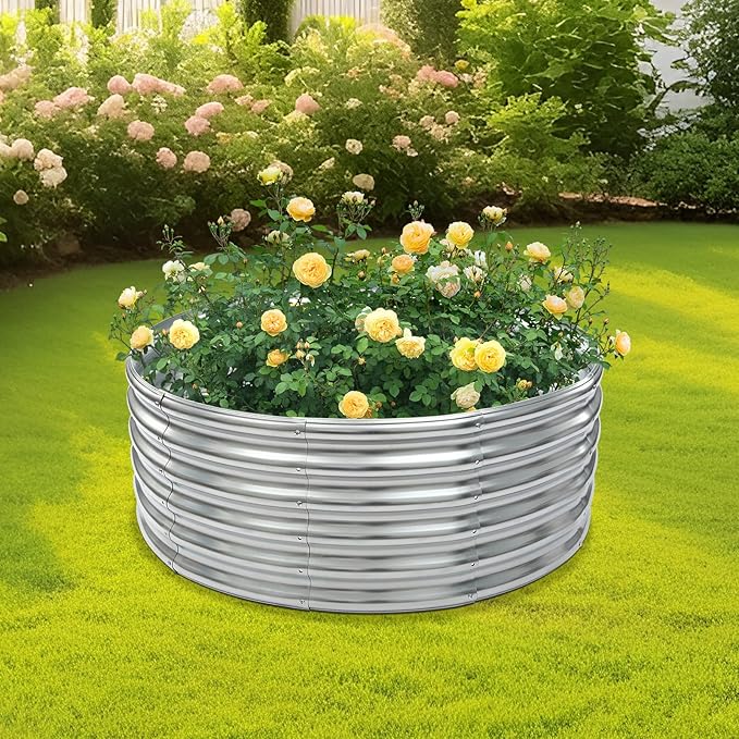 3.5x3.5x1.5 ft Round Galvanized Raised Garden Bed Round Metal Planter Box for Vegetables Fruits and Flowers Outdoor Metal Raised Bed Rust-Resistant and Easy Assembly (Silver)