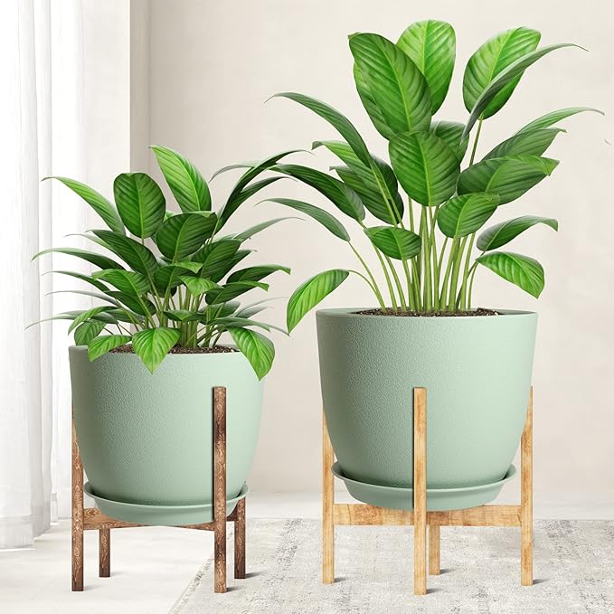 WOUSIWER Plant Pots 10/9/8 inch Set of 3 Modern Decorative Plastic Planters with Drainage Holes and Saucers for House Plants Indoor Flowers Plants Green