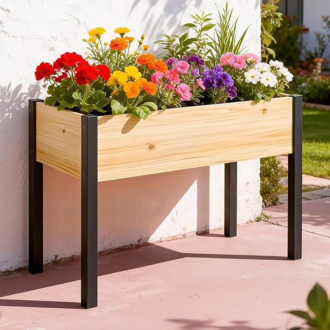 SUNYRISY Wooden Raised Garden Bed Outdoor with Metal Legs for Gardening 45.6 L x 23.6 W x 31.5 H Elevated Planter Garden Box Raised Bed for Vegetable Flower Herb