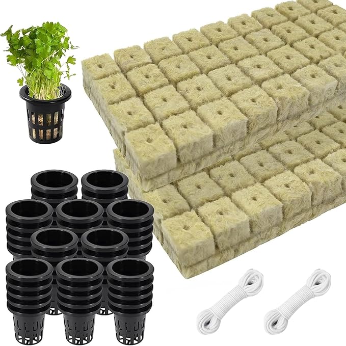 Rockwool Cubes for Hydroponics with Net Pots hydroponics Growing System Including 72 Plugs 50 Net Cups and 20m Self Watering Cotton Wick Cord for Supplies