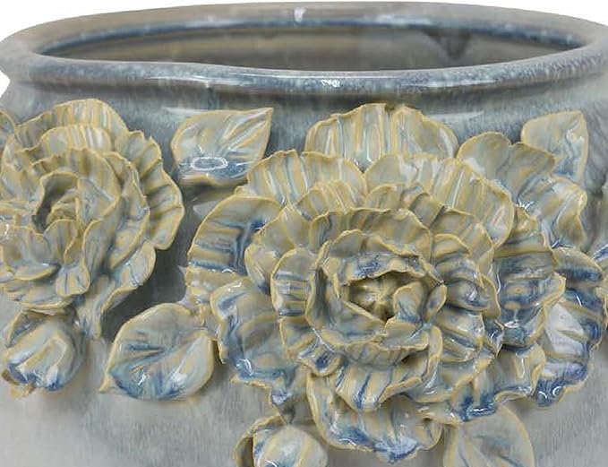 Accent Planter Floral Applique Design 12 Inch White Ceramic