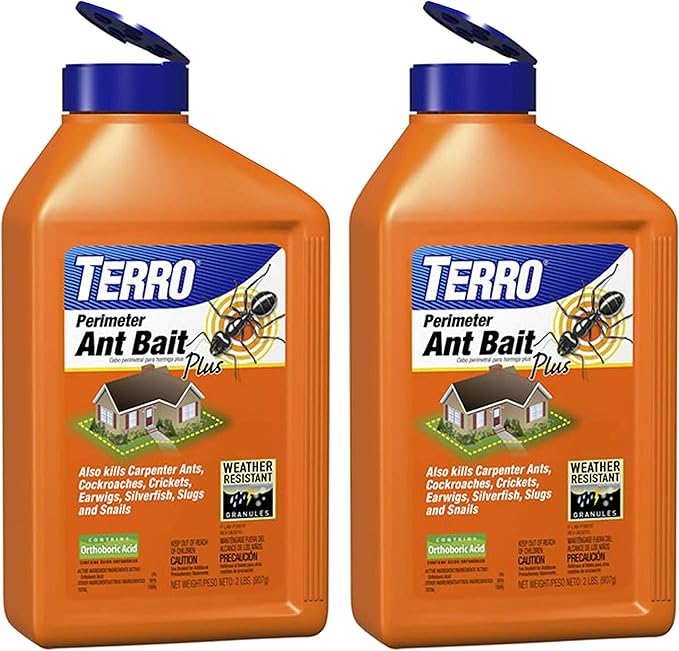 TERRO T2600 Perimeter Outdoor Ant Bait Plus - Attracts and Kills Carpenter Ants Roaches Crickets Earwigs Silverfish Slugs and Snails - 2 Pack 4Lbs