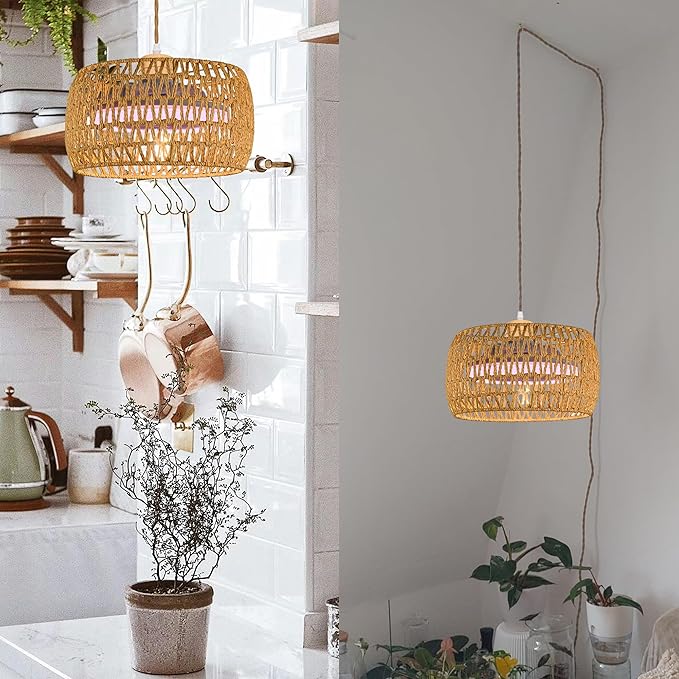 30W Full-Spectrum Lamp with 4W Fan Timer by Remote Control Swag Hanging Boho Plant Growing Light 15ft Plug-in Twine Braiding Cord Dimmable Natural Dome Shade for Indoor Planting Portable