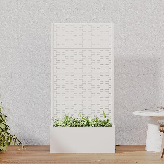 Casaphoria Metal Raised Garden Bed with Trellis 59x30x12 Planter Box for Climbing Plants Vegetables &amp Vines Features Drainage Holes and Privacy Screen White-Brick