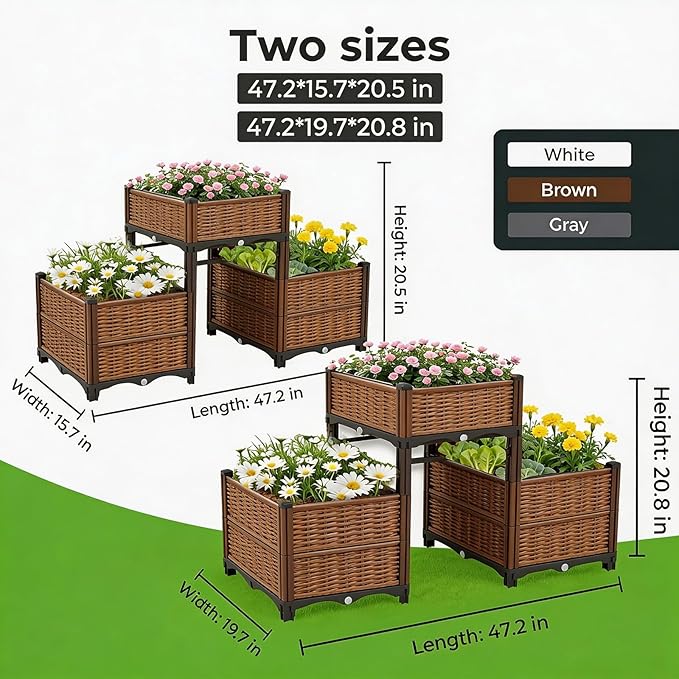3PCS Raised Garden Beds Outdoor with Legs Planter Box 47x16x21in Reinforced Support Rods Drainage Grid Multi-Combination Options for Vegetables Flowers Herbs Ideal for Balcony Patio Gardening