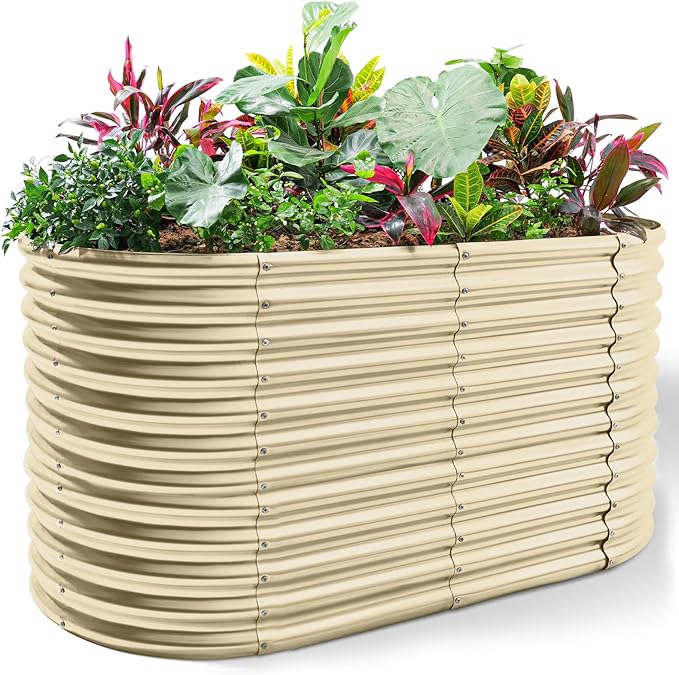 Land Guard 8x4x3ft Oval Galvanized Raised Garden Beds Large-Capacity Metal Planter Box Outdoor Durable Deep Raised Garden Bed 3ft Tall Raised Beds for Gardening Vegetables Cream Yellow