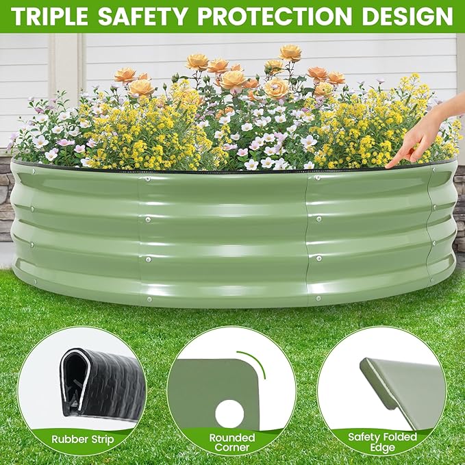 Galvanized Raised Garden Bed Outdoor 2Pcs | 4x4x1ft Metal Raised Beds for Gardening with Safety Rubber Strip | Round Planter Box for Plants Like Vegetables Fruits Flowers Olive Green