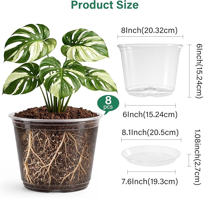 8 Packs 8 Inch Reinforced Large Clear Nursery Pots with Saucers Transparent Plastic Plant Pot Seedling Planter with Drainage Holes for Vegetable Propagation Root Cutting Seed Starting