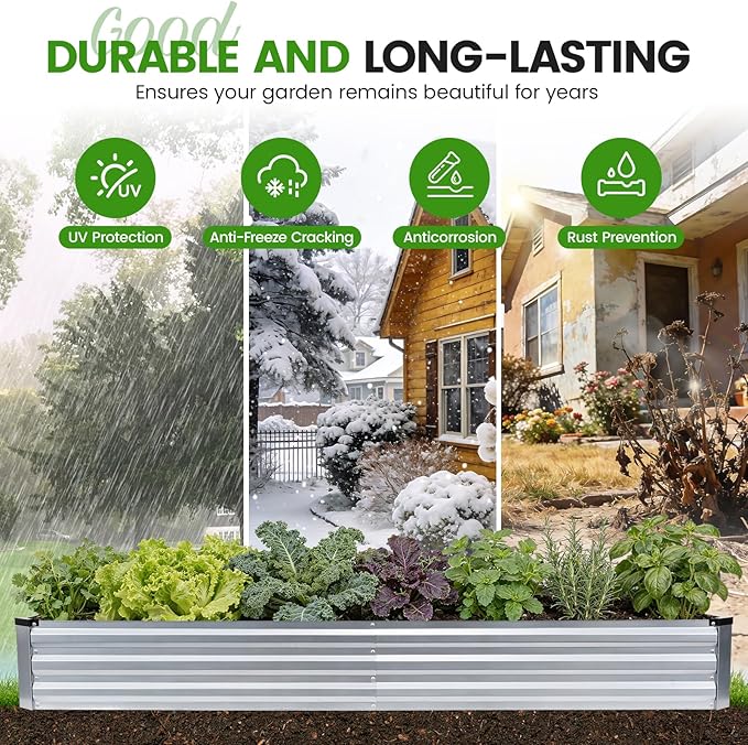G GOOD GAIN 8x4x1ft Galvanized Raised Garden Bed Heavy-Duty Metal Planter Boxes Outdoor for Vegetables Flowers Herbs Silver(2 Pack)