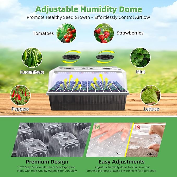 Indoor Seed Starting Kit with 60-Cell Self-Watering Tray LED Grow Light Timer Humidity Dome pH Meter for Plant Germination Vegetables Herbs Flowers