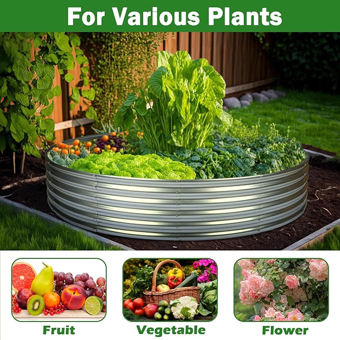OUSHENG 5x5x1ft Round Galvanized Raised Garden Beds Outdoor Steel Fire Pit Ring Flower Planter Large Metal Above Ground Boxes Kit for Gardening Vegetables Outside