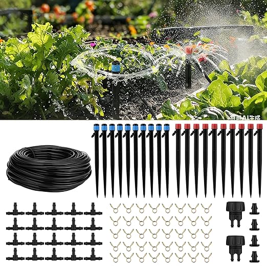 110Ft DIY Irrigation System with Drip Vortex Watering Sprinkler Nozzles 1/4 Garden Misting System with Hose Tubing Connectors Clamps Drip Emitters for Greenhouse Patio Lawn Raised Bed Outdoor
