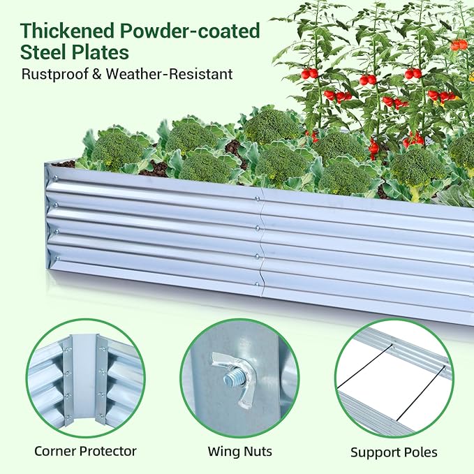 Ohuhu Raised Garden Bed with Greenhouse Cover 8x4x1 FT Galvanized Metal Planter Box Outdoor with PE Cover 4 Doors for Ventilation 3-in-1 Gardening Set for Vegetable Flower Herb Succulent